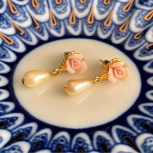 1928 Bridal Pink Porcelain Rose Faux Pearl Gold Drop Earrings
